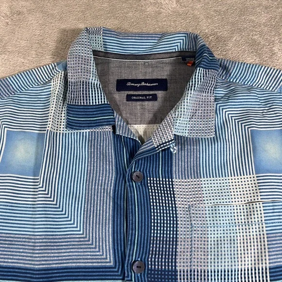 Tommy Bahama Shirt Mens Large Blue 100% Silk Geometric Button Up Original Fit - Picture 1 of 10